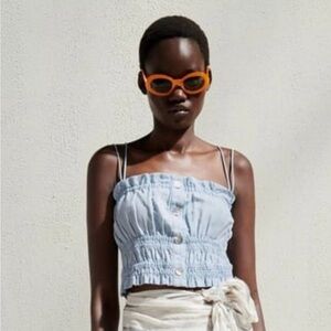 ZARA Linen Blend Blue chambray Strappy cropped Tank Top size Medium